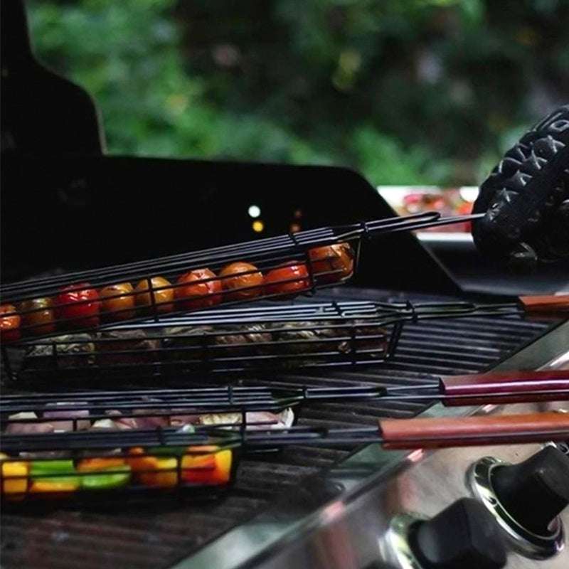 Portable Nonstick BBQ Grilling Basket, Metal Charcoal Grill Outdoors Grill Tools, Black