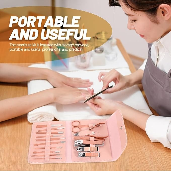 16-in-1 Professional Manicure Pedicure Grooming Kit – Nail Clippers, Scissors, Tweezers & Tools in Elegant Travel Case