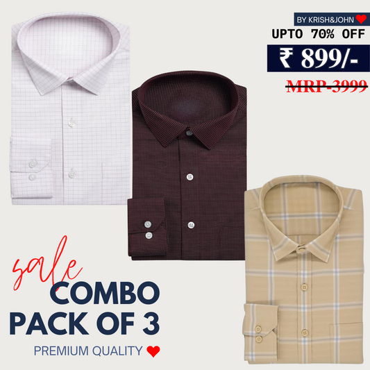 Office Essentials: 3-Pack Premium Cotton Formal Shirts – Tailored Fit, Full Sleeves & Pockets ( FS-165)