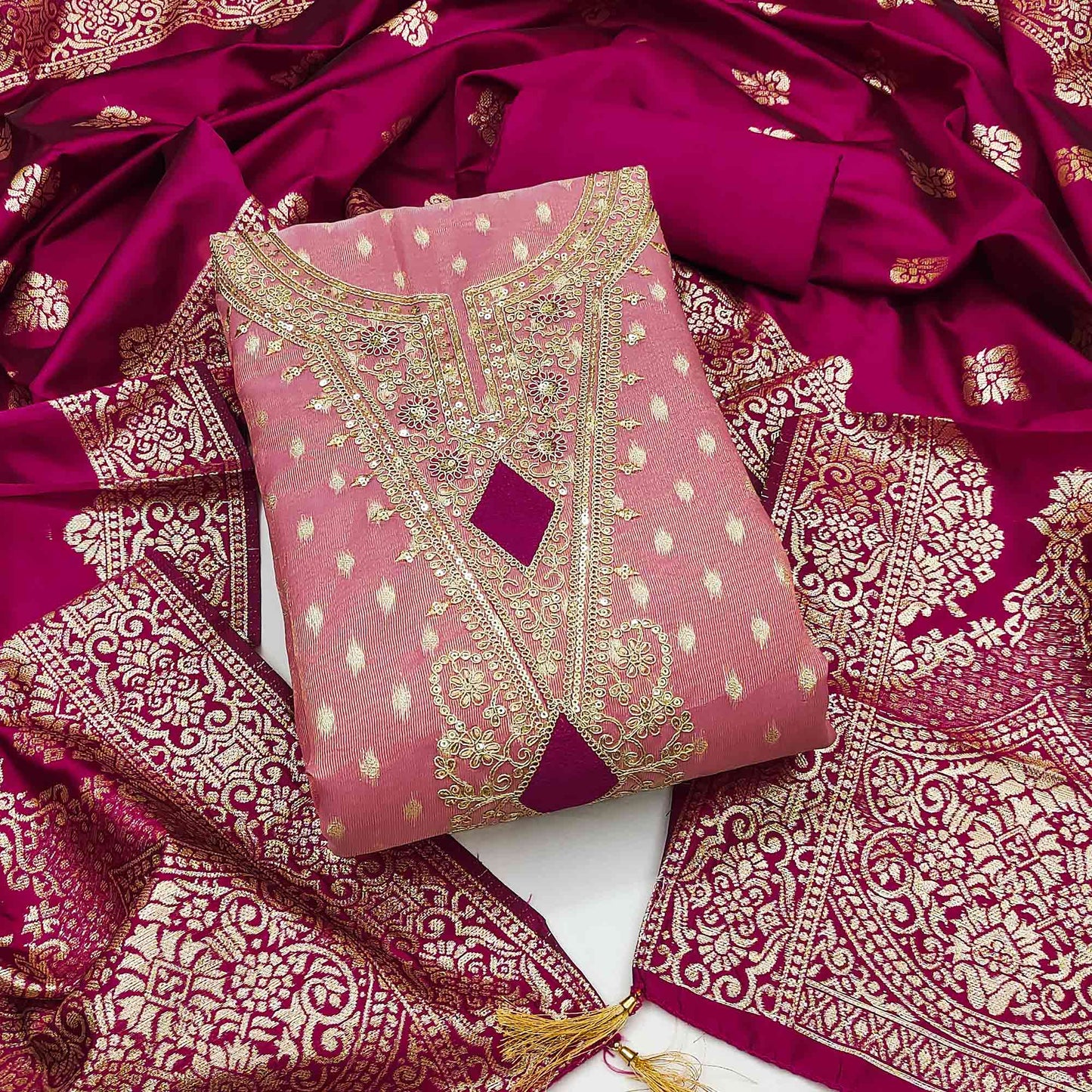 Gajari Pink Woven Banarasi Silk Dress Material With Intricate Cording & Sequin Embellishments