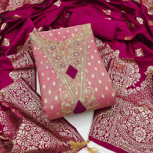 Gajari Pink Woven Banarasi Silk Dress Material With Intricate Cording & Sequin Embellishments