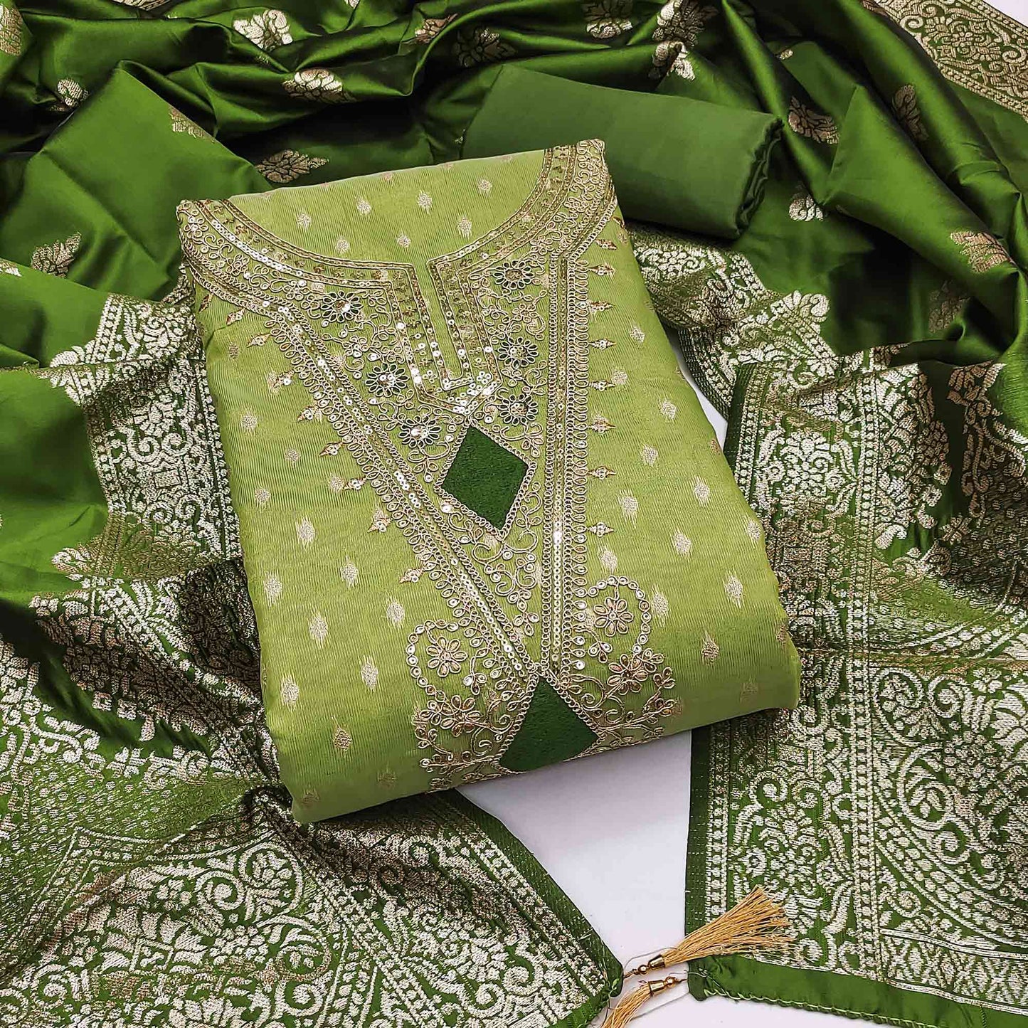 Green Woven Banarasi Silk Dress Material With Intricate Cording & Sequin Embellishments
