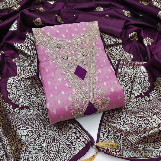 Purple Woven Banarasi Silk Dress Material With Intricate Cording & Sequin Embellishments