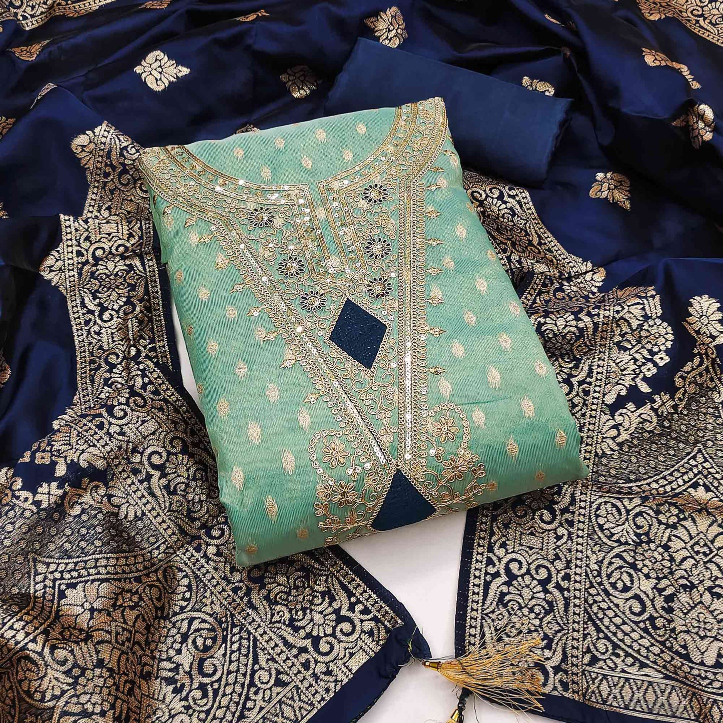 Turquoise Woven Banarasi Silk Dress Material With Intricate Cording & Sequin Embellishments