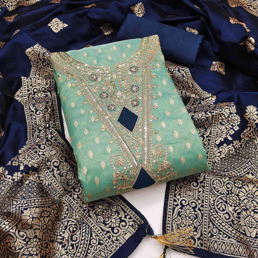 Turquoise Woven Banarasi Silk Dress Material With Intricate Cording & Sequin Embellishments