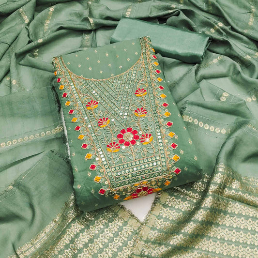 Green Chanderi Silk Dress Material With Delicate Floral Sequins Embroidery & Butti Work