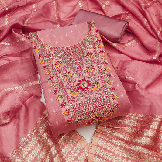 Peach Chanderi Silk Dress Material With Delicate Floral Sequins Embroidery & Butti Work