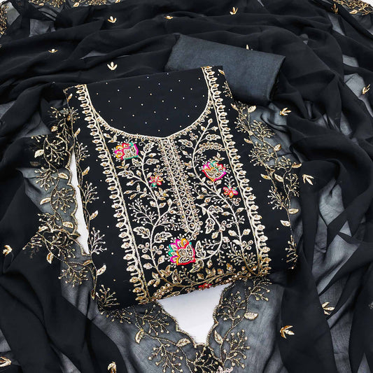 Black Georgette Dress Material With Floral Embroidery & Sparkling Stone Work