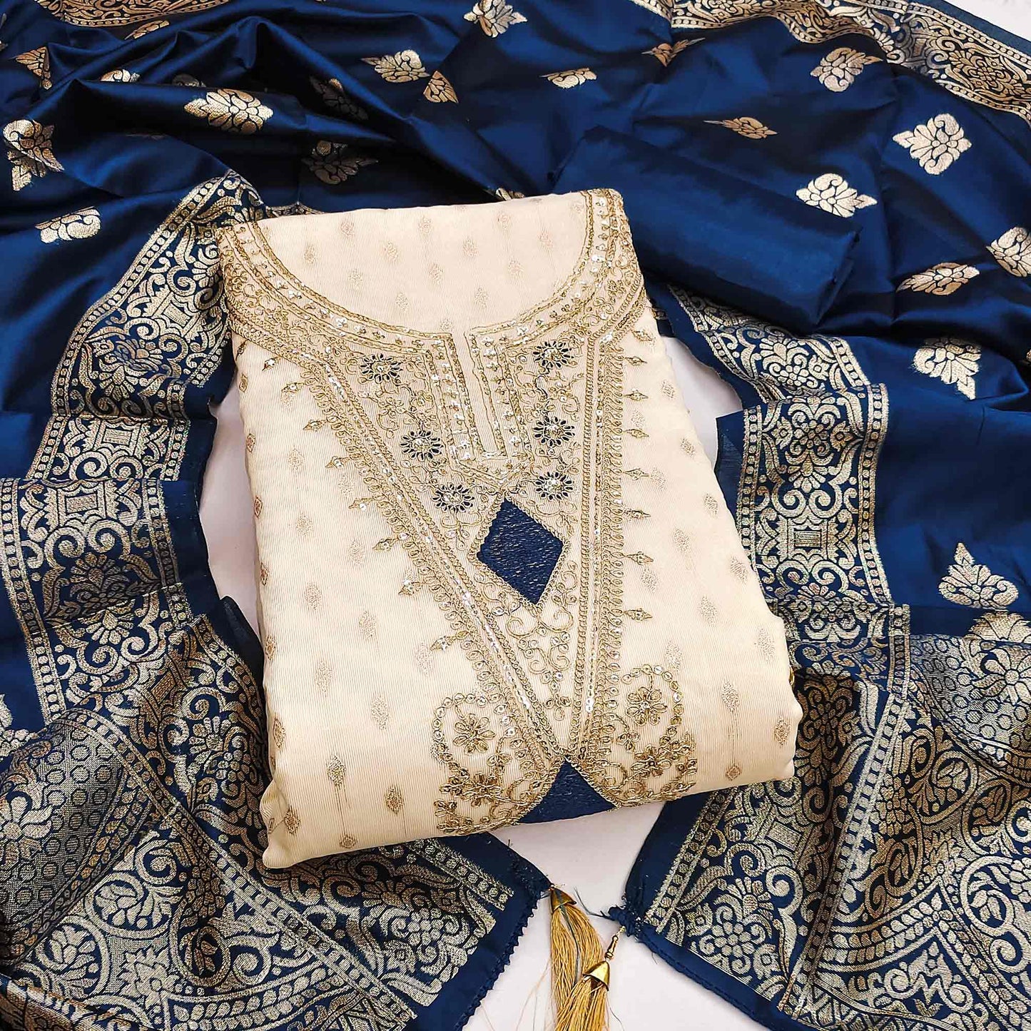 Cream & Blue Floral Butti Weaving With Intricate Cording Embroidered Shimmer Dress Material