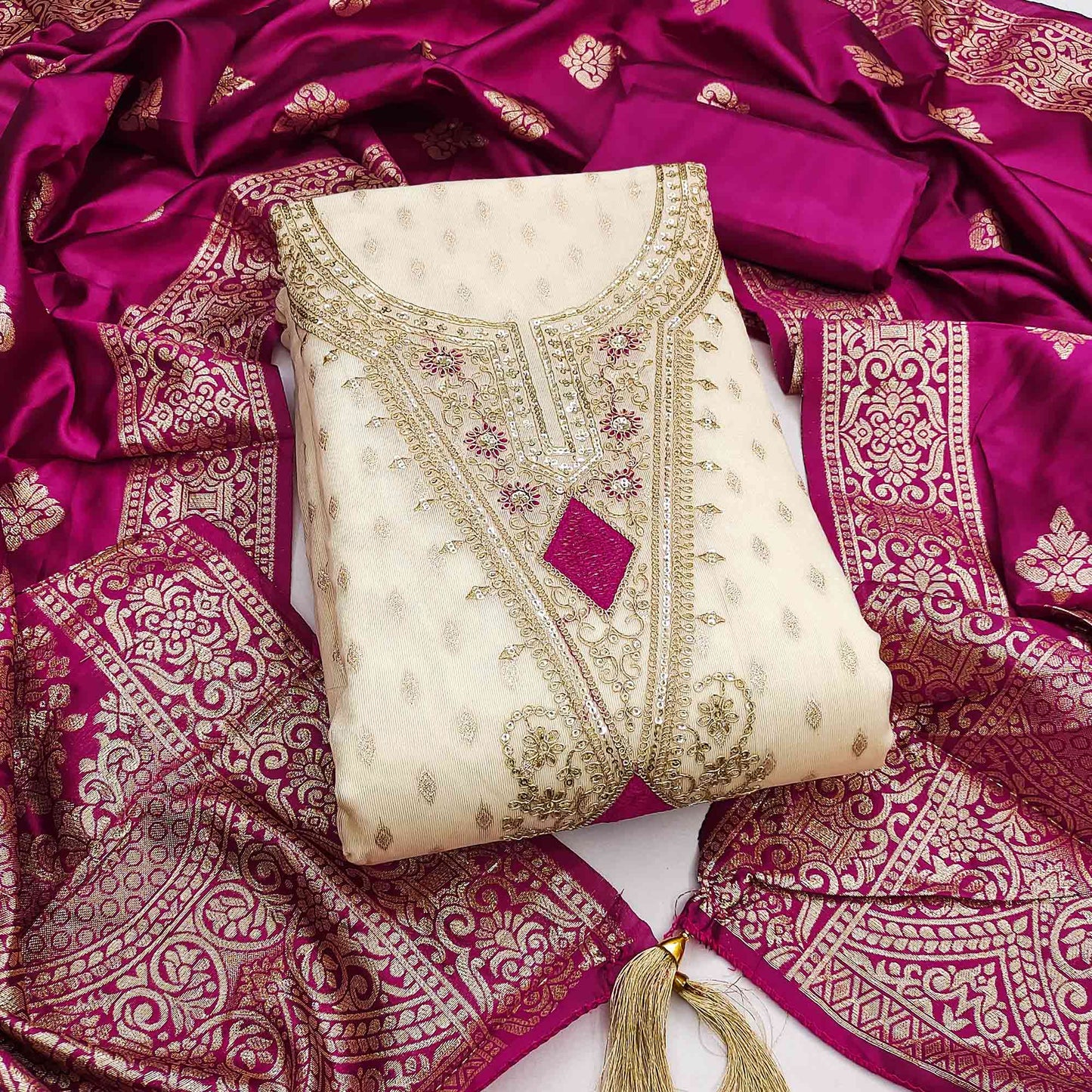 Cream & Rani Pink Floral Butti Weaving With Intricate Cording Embroidered Shimmer Dress Material