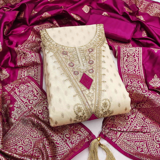 Cream & Rani Pink Floral Butti Weaving With Intricate Cording Embroidered Shimmer Dress Material