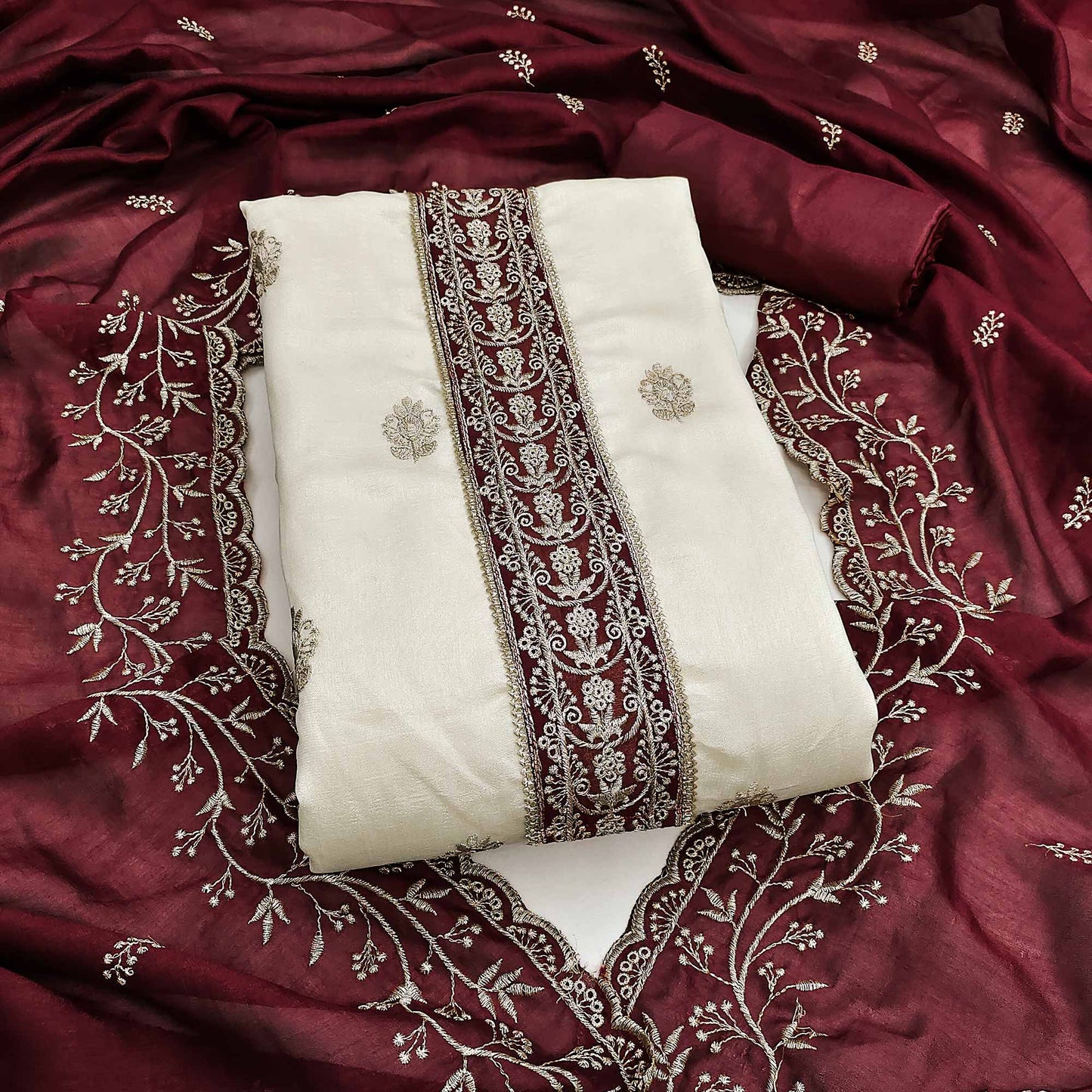 Cream & Maroon Vichitra Silk Dress Material Featuring Intricate Floral Zari Embroidery