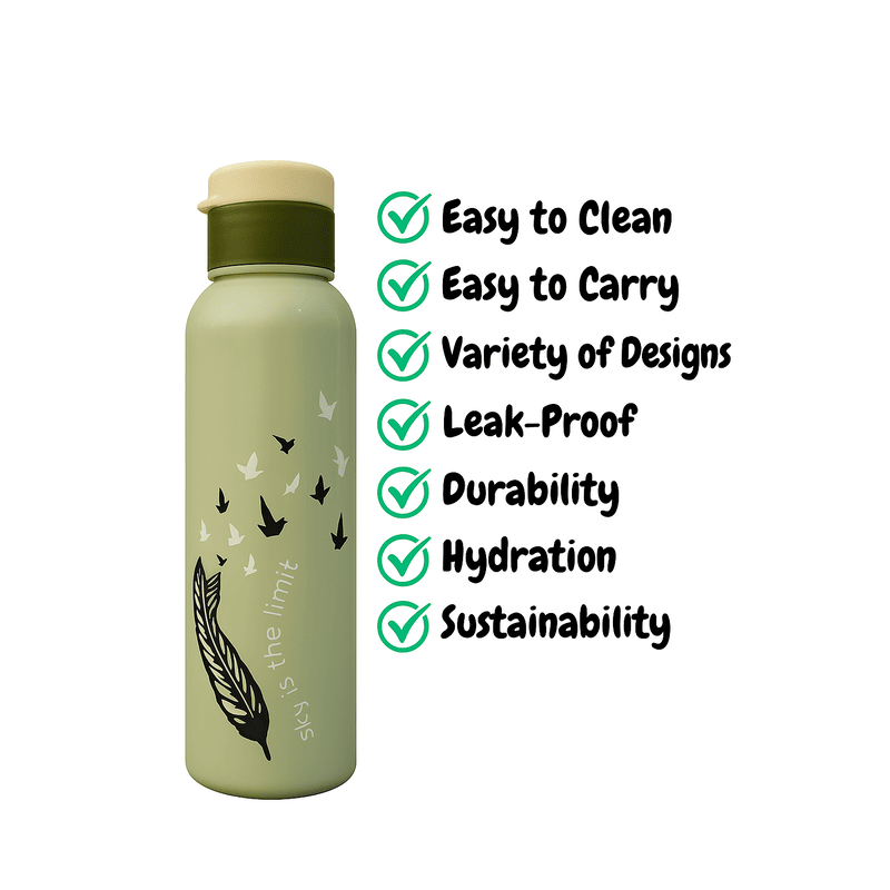 Elegant Feather and Birds Design Water Bottle – Durable, Reusable, and Eco-Friendlyl (random color)