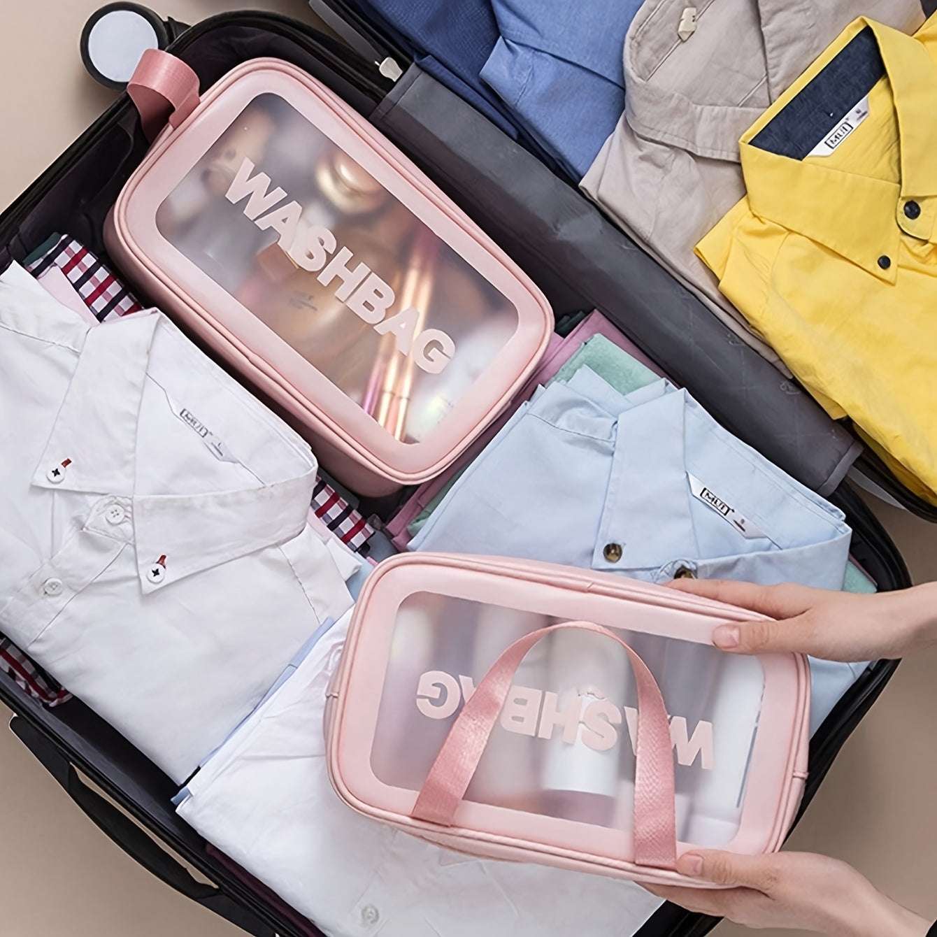 3PCs Set PVC Waterproof Toiletry Bag, Large Capacity Toiletry Bag, Portable Handheld Makeup Bag, Travel Storage Bag, Cosmetic/Toiletry Organizer, Student Dormitory Makeup Storage, Unisex Simple Makeup Bag, Pink/Black/White