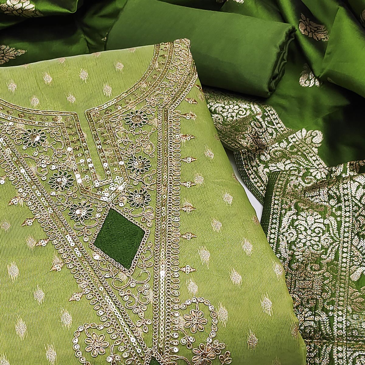 Green Woven Banarasi Silk Dress Material With Intricate Cording & Sequin Embellishments