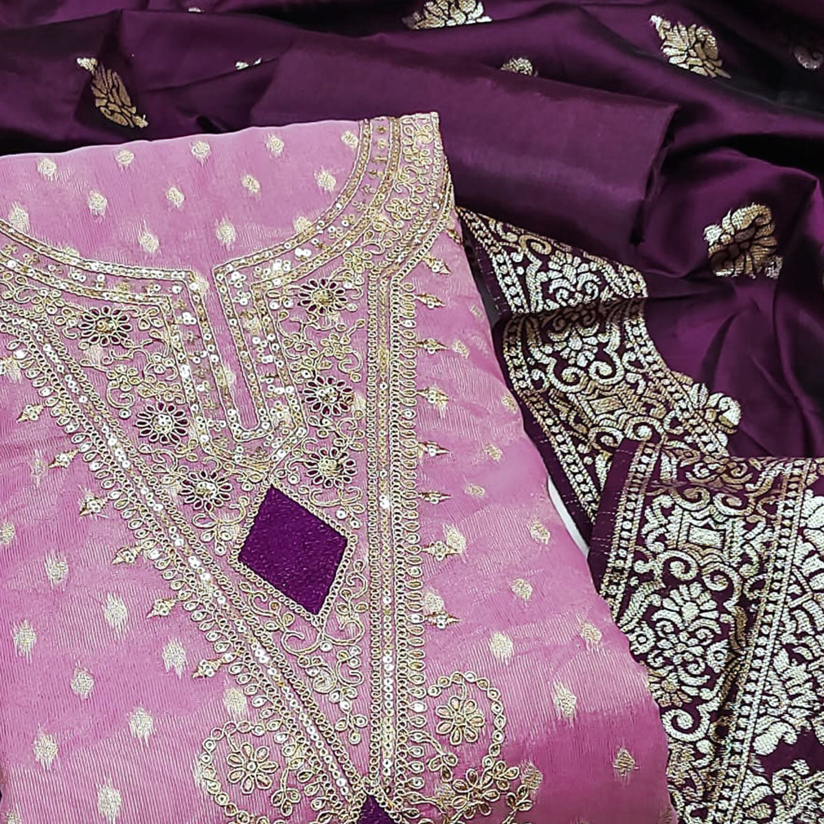 Purple Woven Banarasi Silk Dress Material With Intricate Cording & Sequin Embellishments