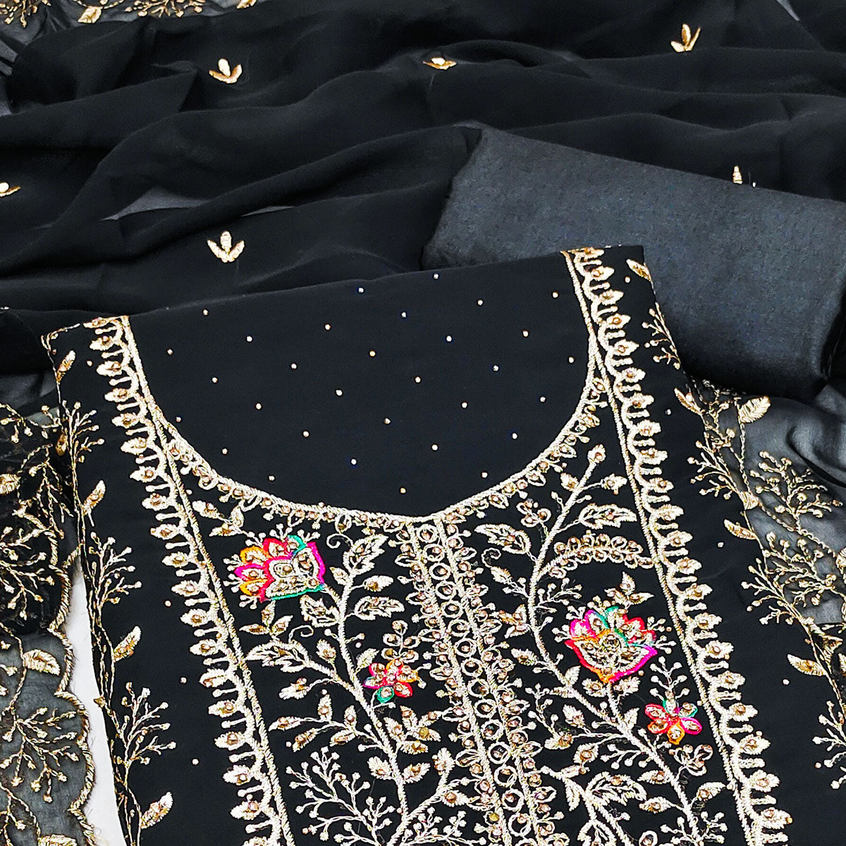 Black Georgette Dress Material With Floral Embroidery & Sparkling Stone Work
