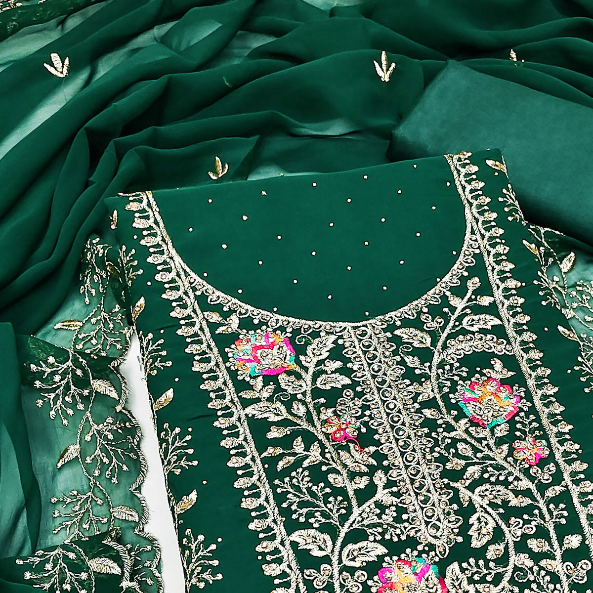 Green Georgette Dress Material With Floral Embroidery & Sparkling Stone Work