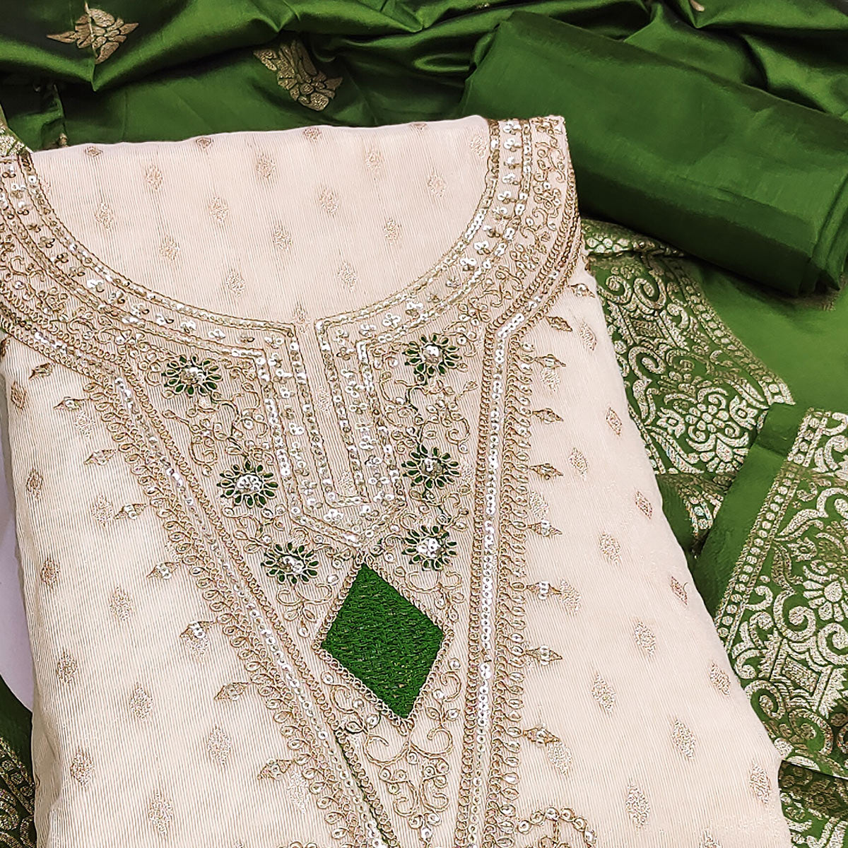 Cream & Green Floral Butti Weaving With Intricate Cording Embroidered Shimmer Dress Material
