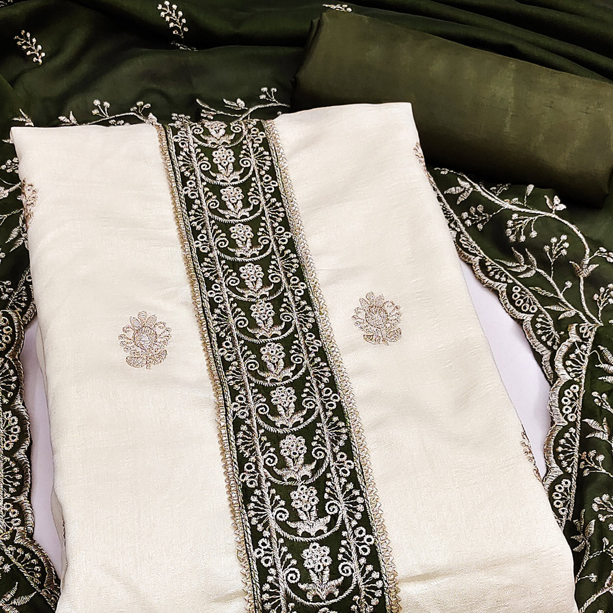 Cream & Mehendi Green Vichitra Silk Dress Material Featuring Intricate Floral Zari Embroidery