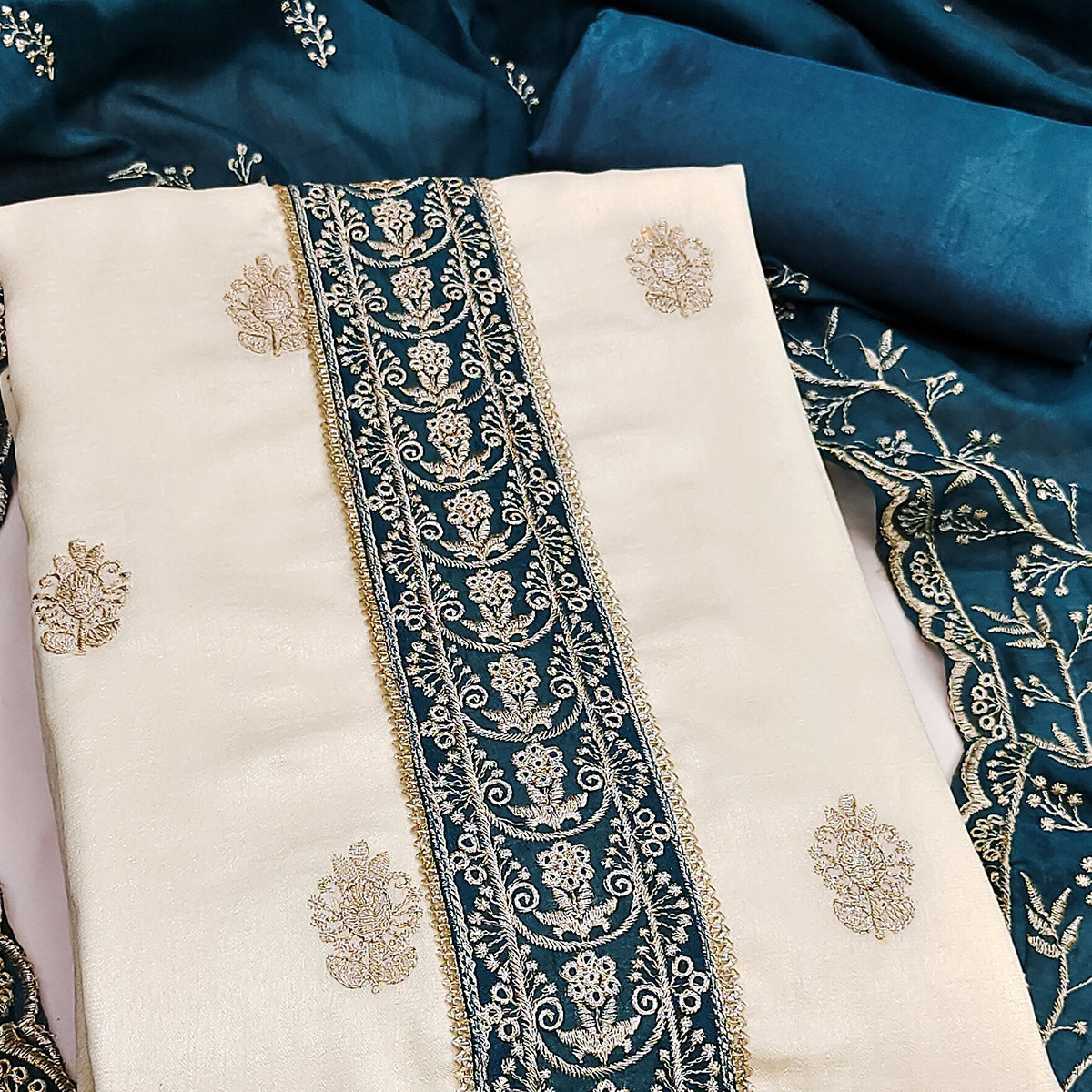 Cream & Morpich Vichitra Silk Dress Material Featuring Intricate Floral Zari Embroidery