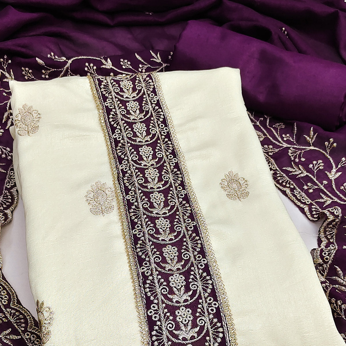 Cream & Purple Vichitra Silk Dress Material Featuring Intricate Floral Zari Embroidery