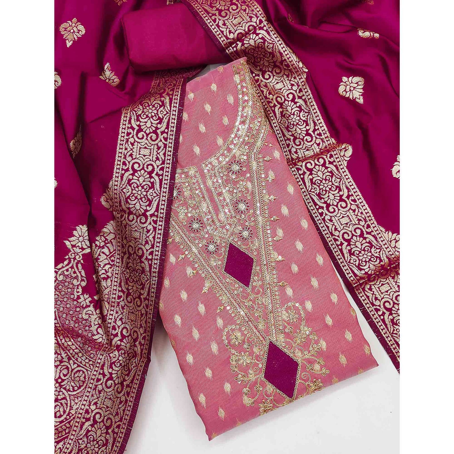 Gajari Pink Woven Banarasi Silk Dress Material With Intricate Cording & Sequin Embellishments
