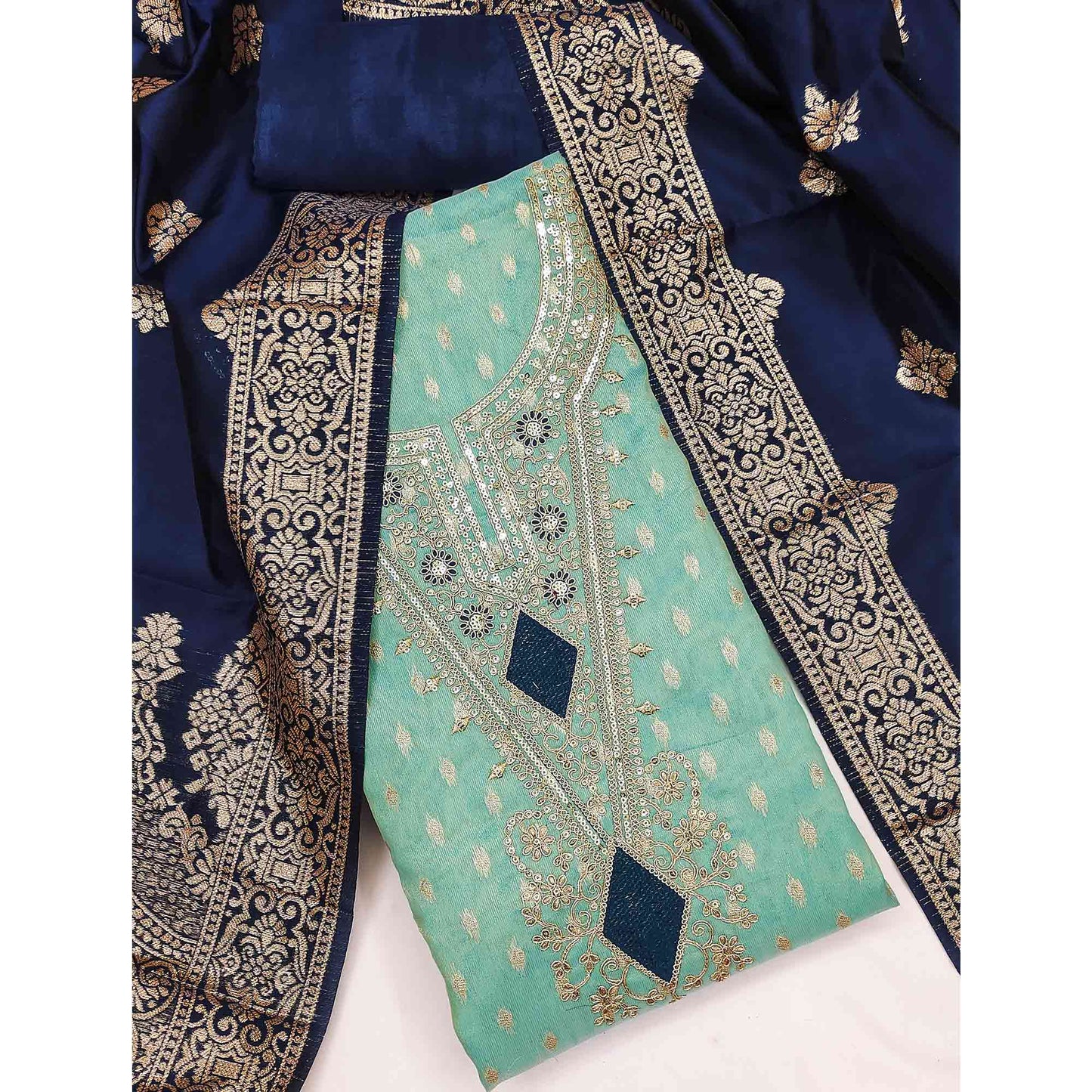 Turquoise Woven Banarasi Silk Dress Material With Intricate Cording & Sequin Embellishments