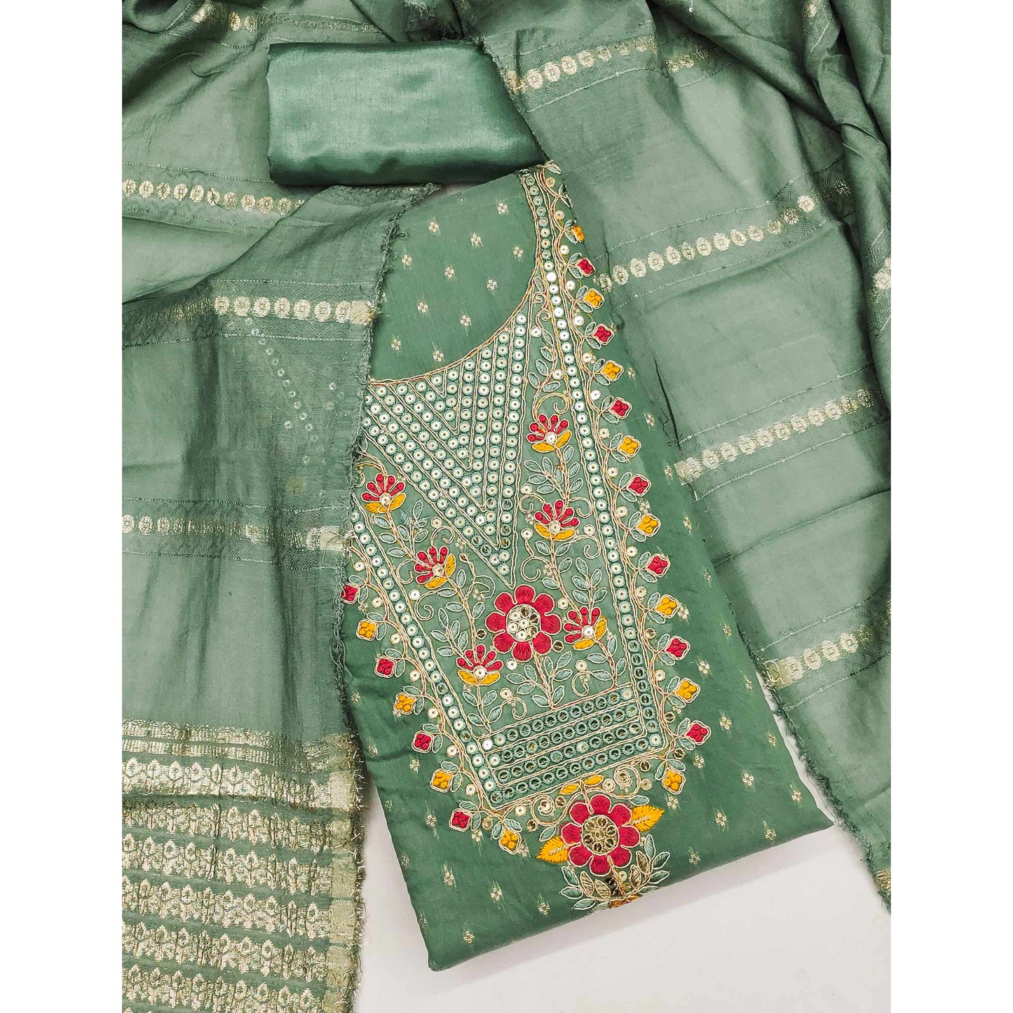 Green Chanderi Silk Dress Material With Delicate Floral Sequins Embroidery & Butti Work
