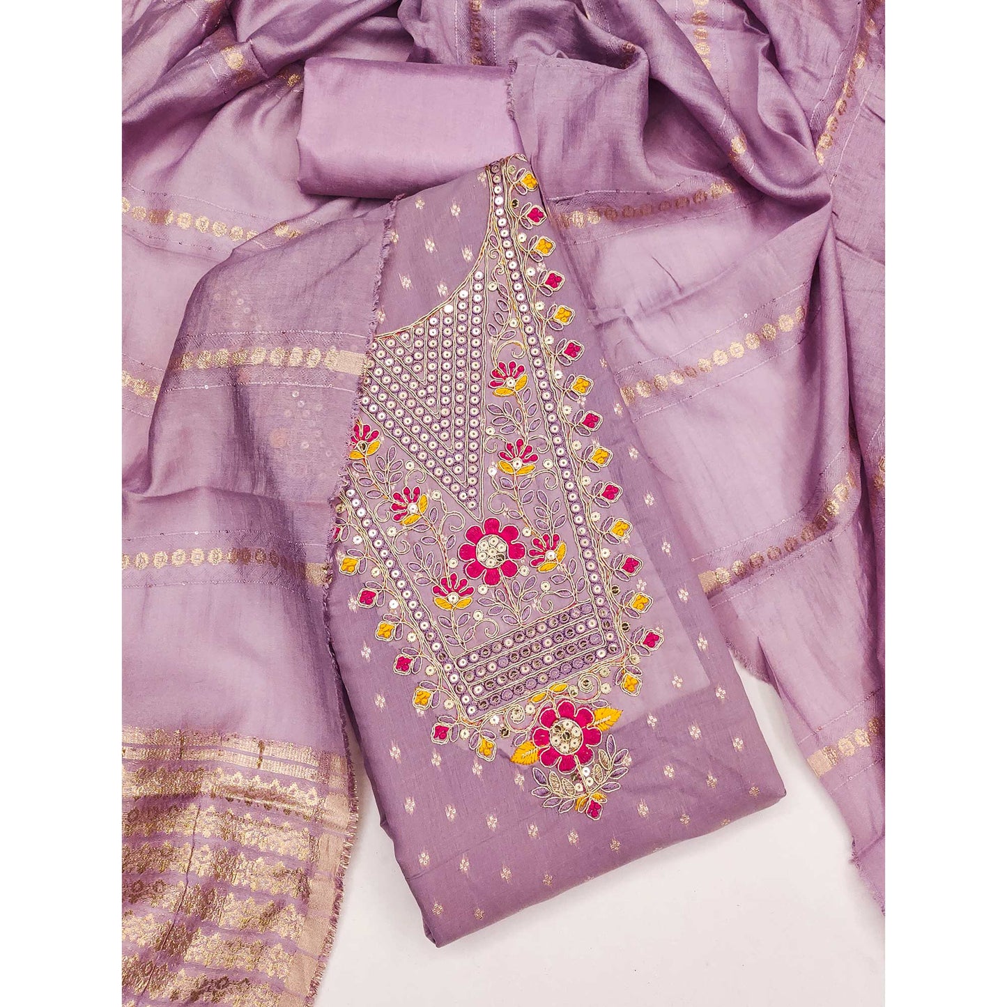 Lavender Chanderi Silk Dress Material With Delicate Floral Sequins Embroidery & Butti Work