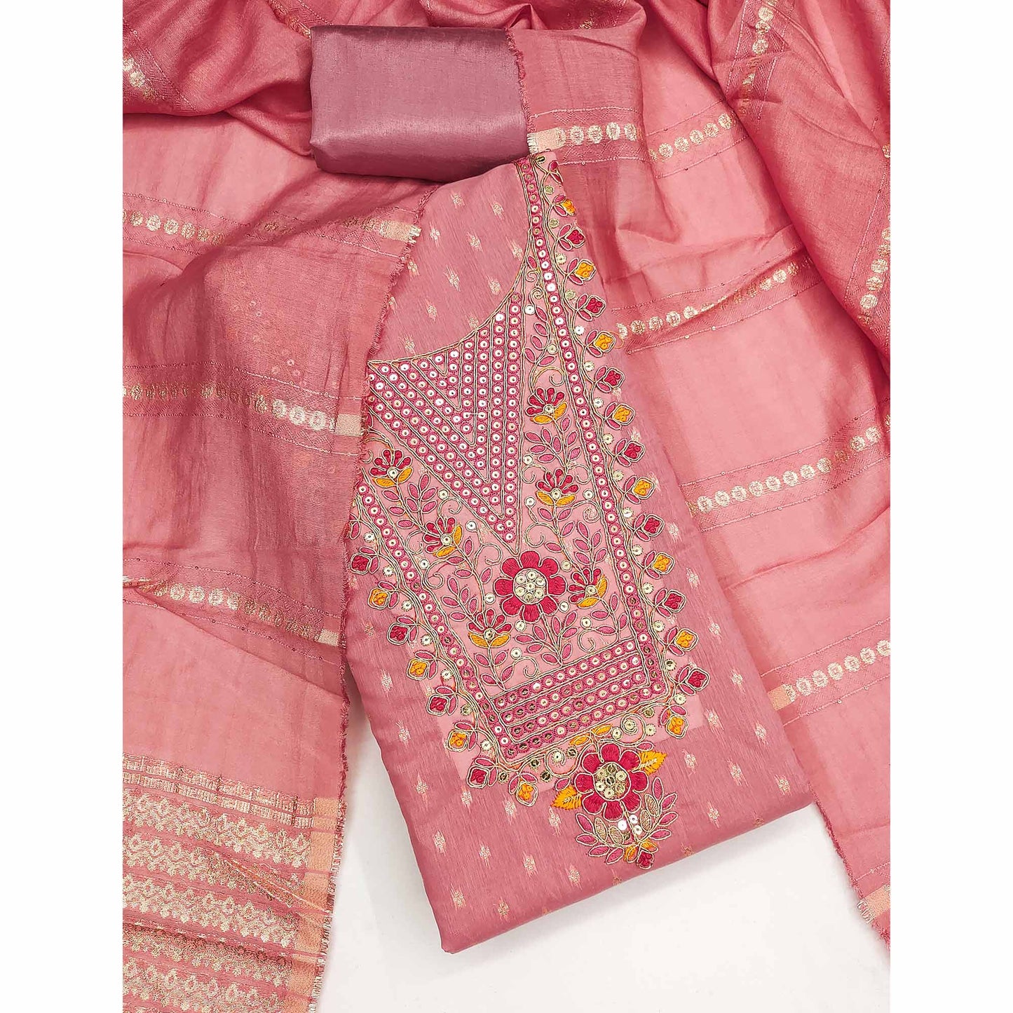 Peach Chanderi Silk Dress Material With Delicate Floral Sequins Embroidery & Butti Work