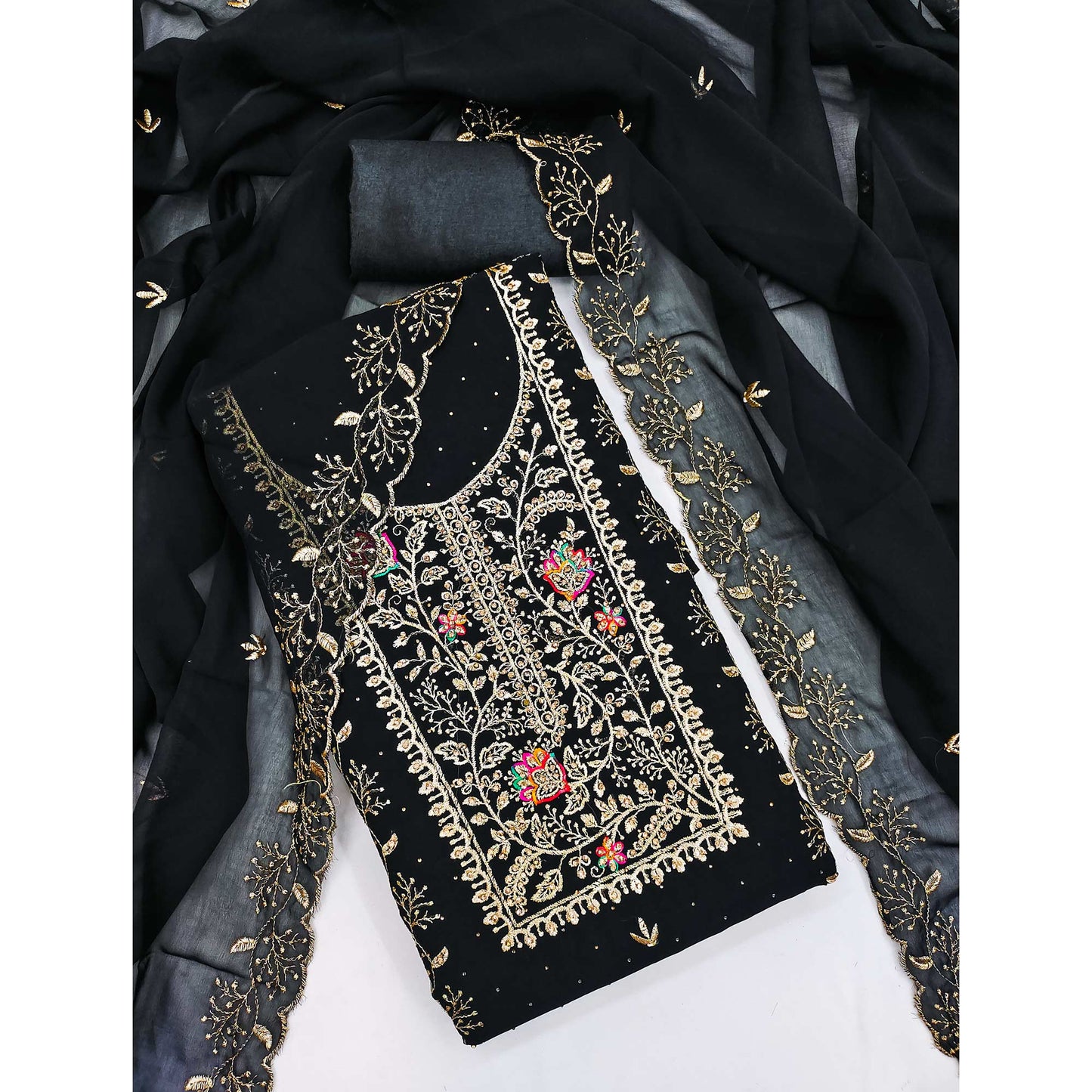 Black Georgette Dress Material With Floral Embroidery & Sparkling Stone Work