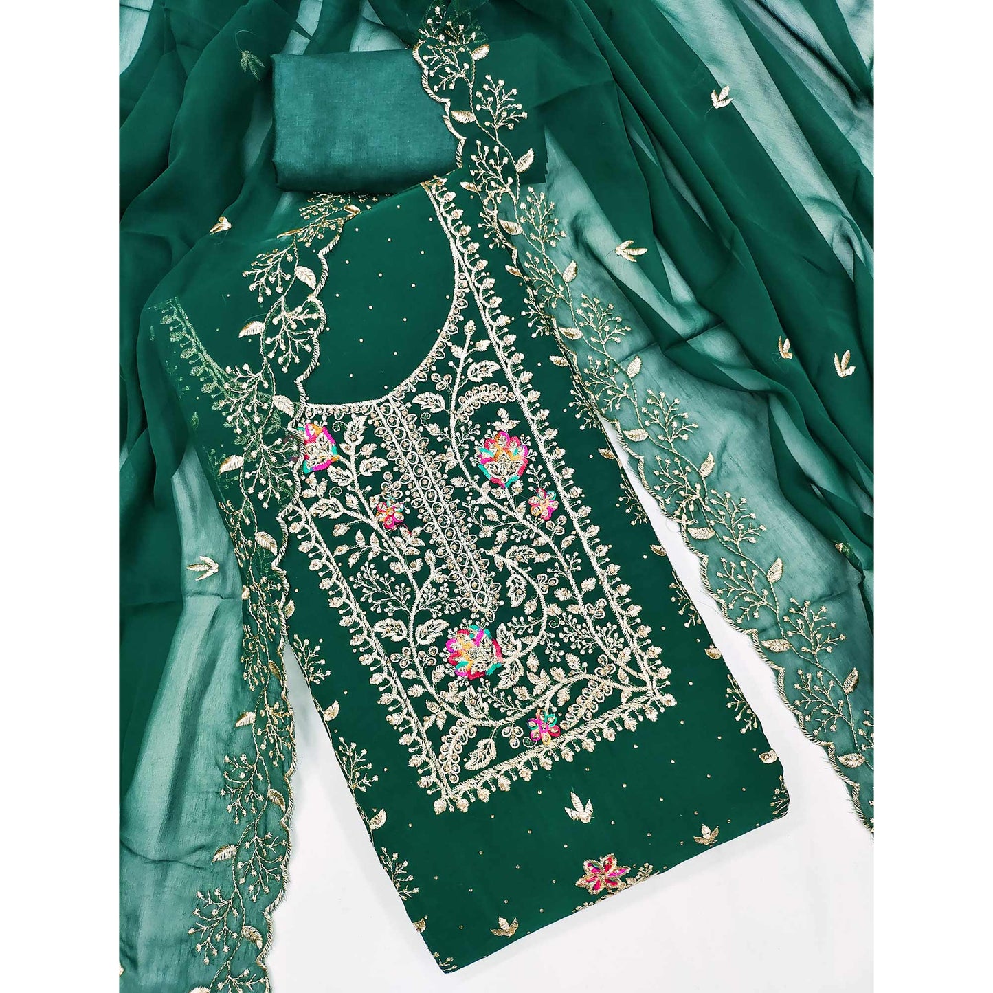 Green Georgette Dress Material With Floral Embroidery & Sparkling Stone Work