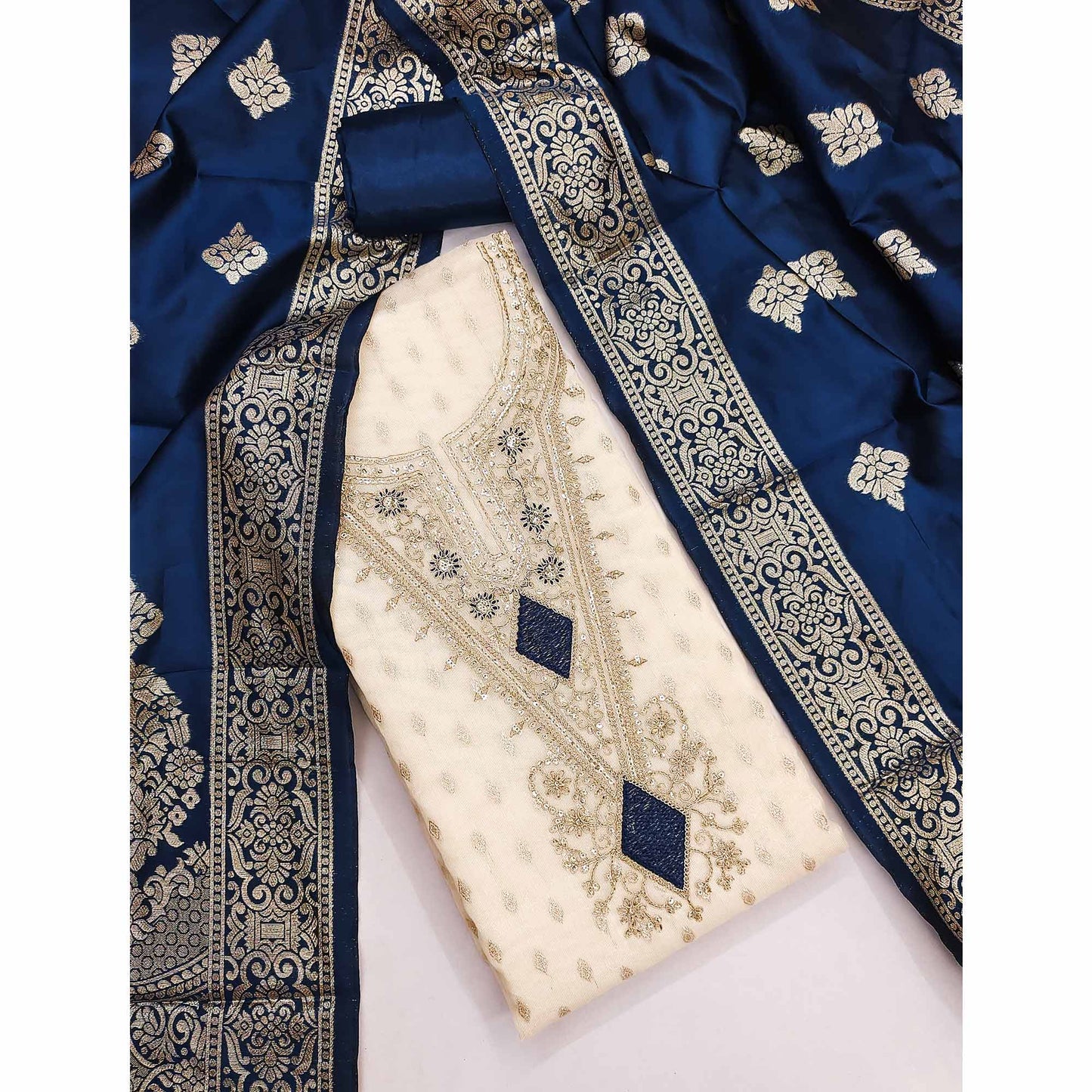 Cream & Blue Floral Butti Weaving With Intricate Cording Embroidered Shimmer Dress Material