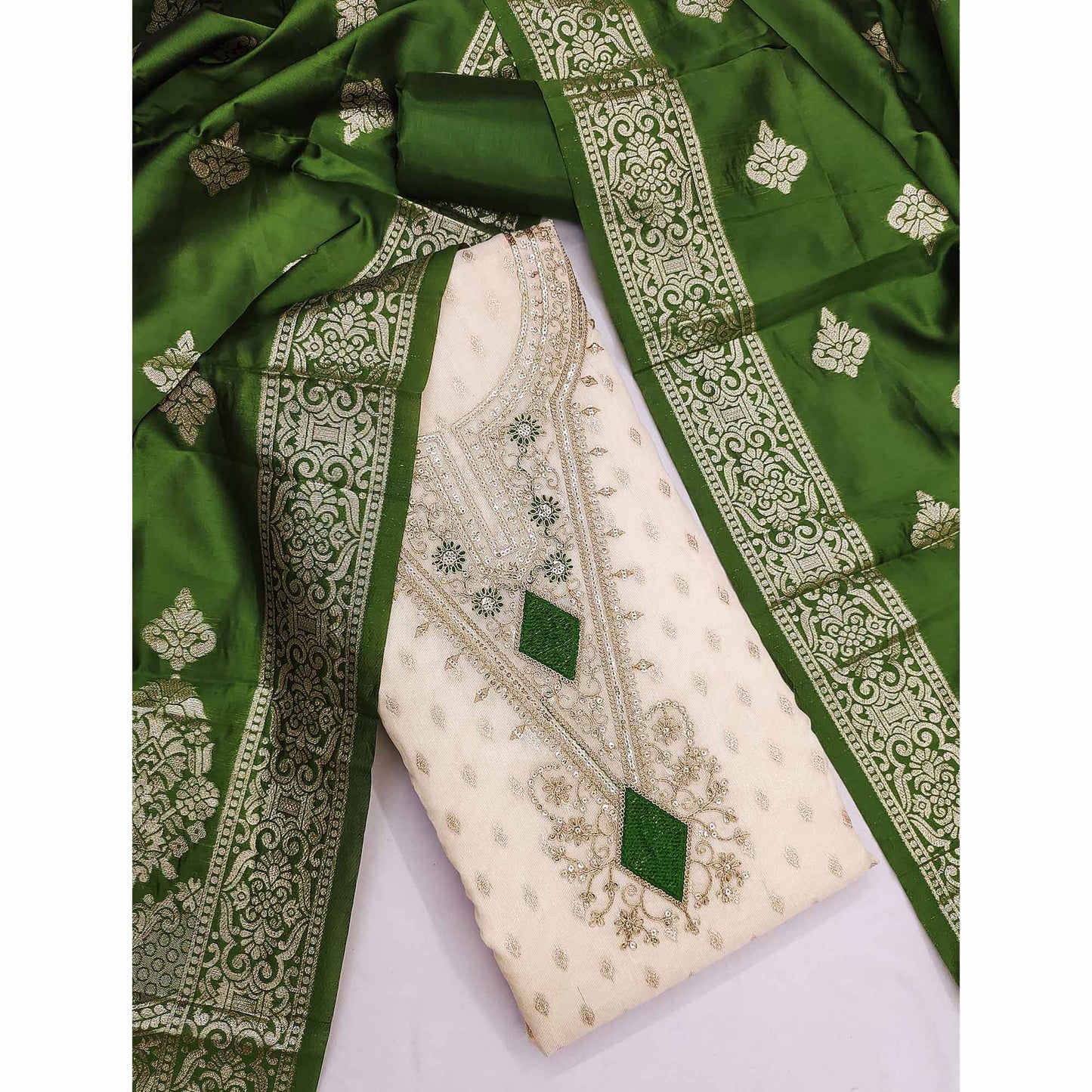 Cream & Green Floral Butti Weaving With Intricate Cording Embroidered Shimmer Dress Material