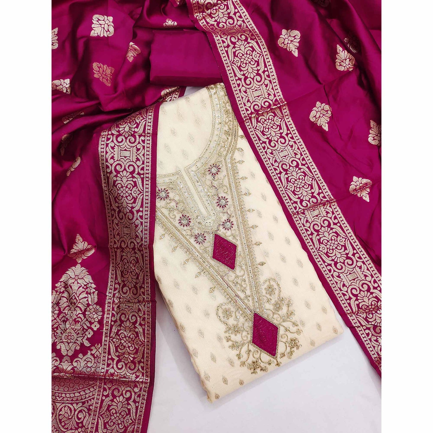 Cream & Rani Pink Floral Butti Weaving With Intricate Cording Embroidered Shimmer Dress Material