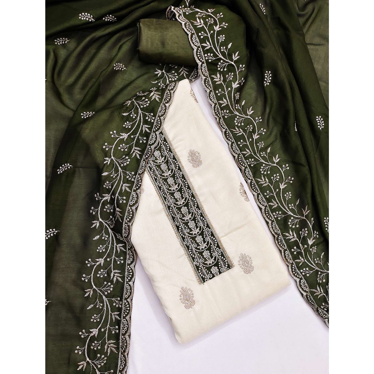 Cream & Mehendi Green Vichitra Silk Dress Material Featuring Intricate Floral Zari Embroidery