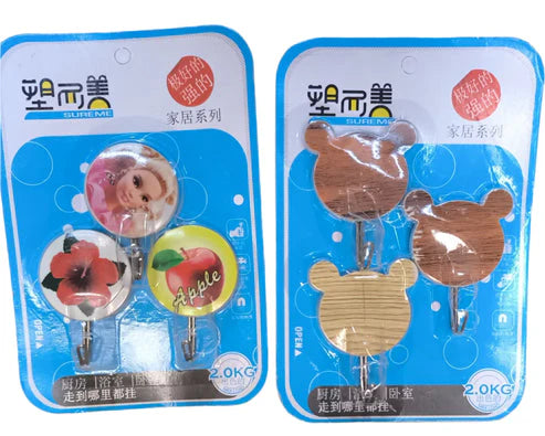 3 Pcs Random prints, Cute Self Adhesive Sticky Hooks