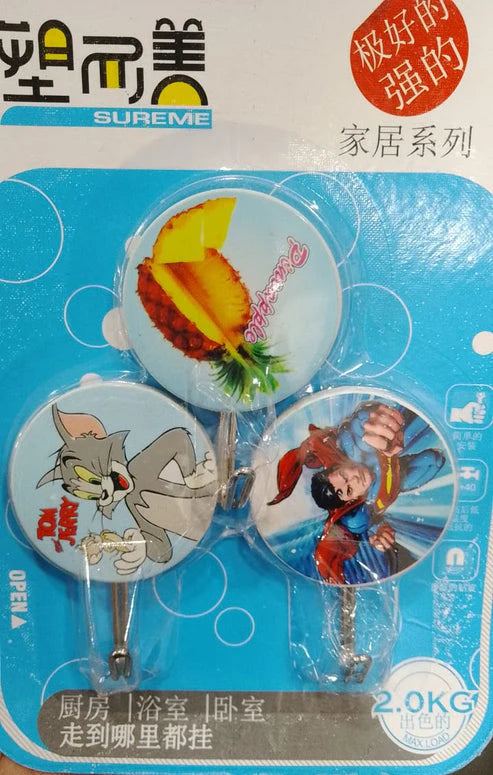 3 Pcs Random prints, Cute Self Adhesive Sticky Hooks