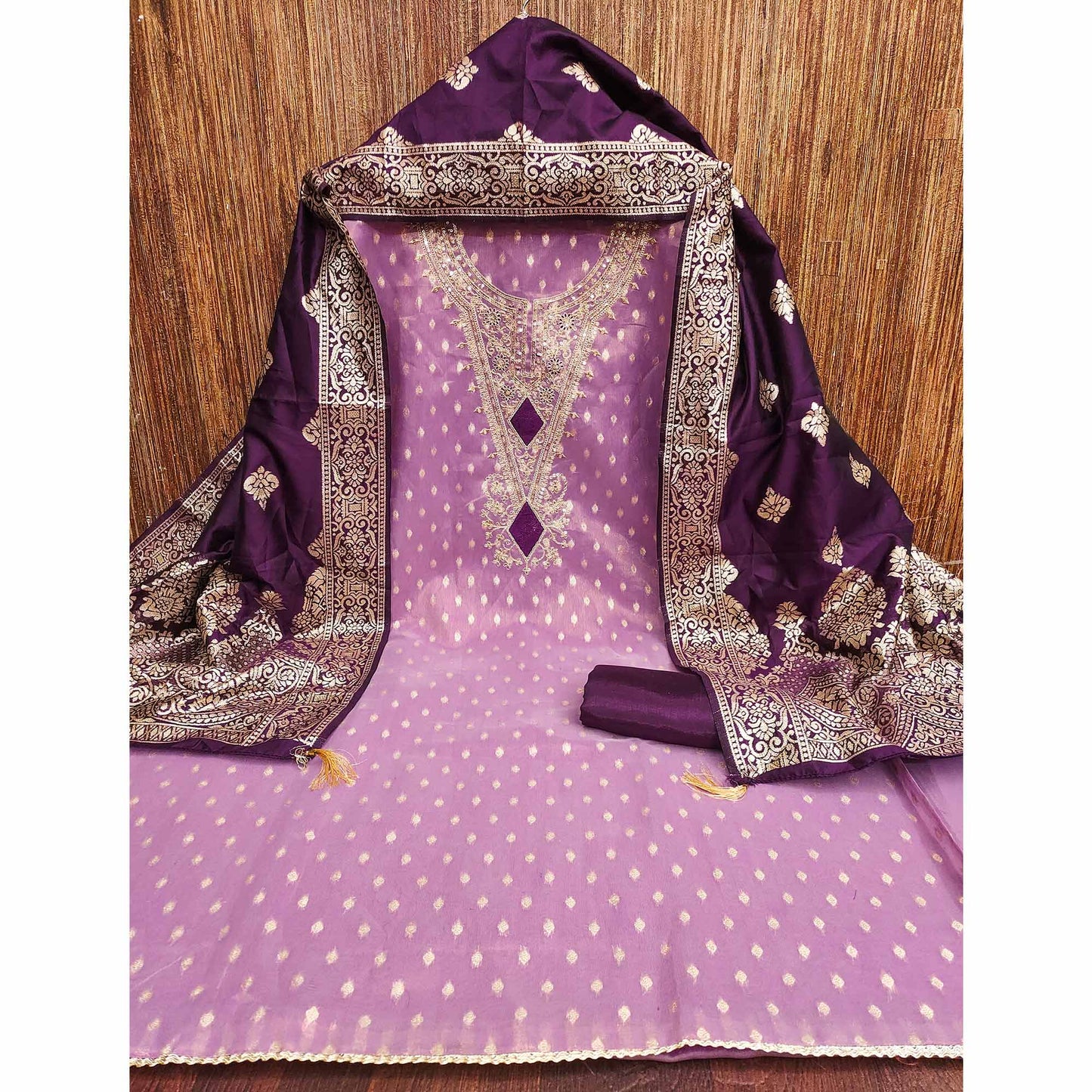 Purple Woven Banarasi Silk Dress Material With Intricate Cording & Sequin Embellishments