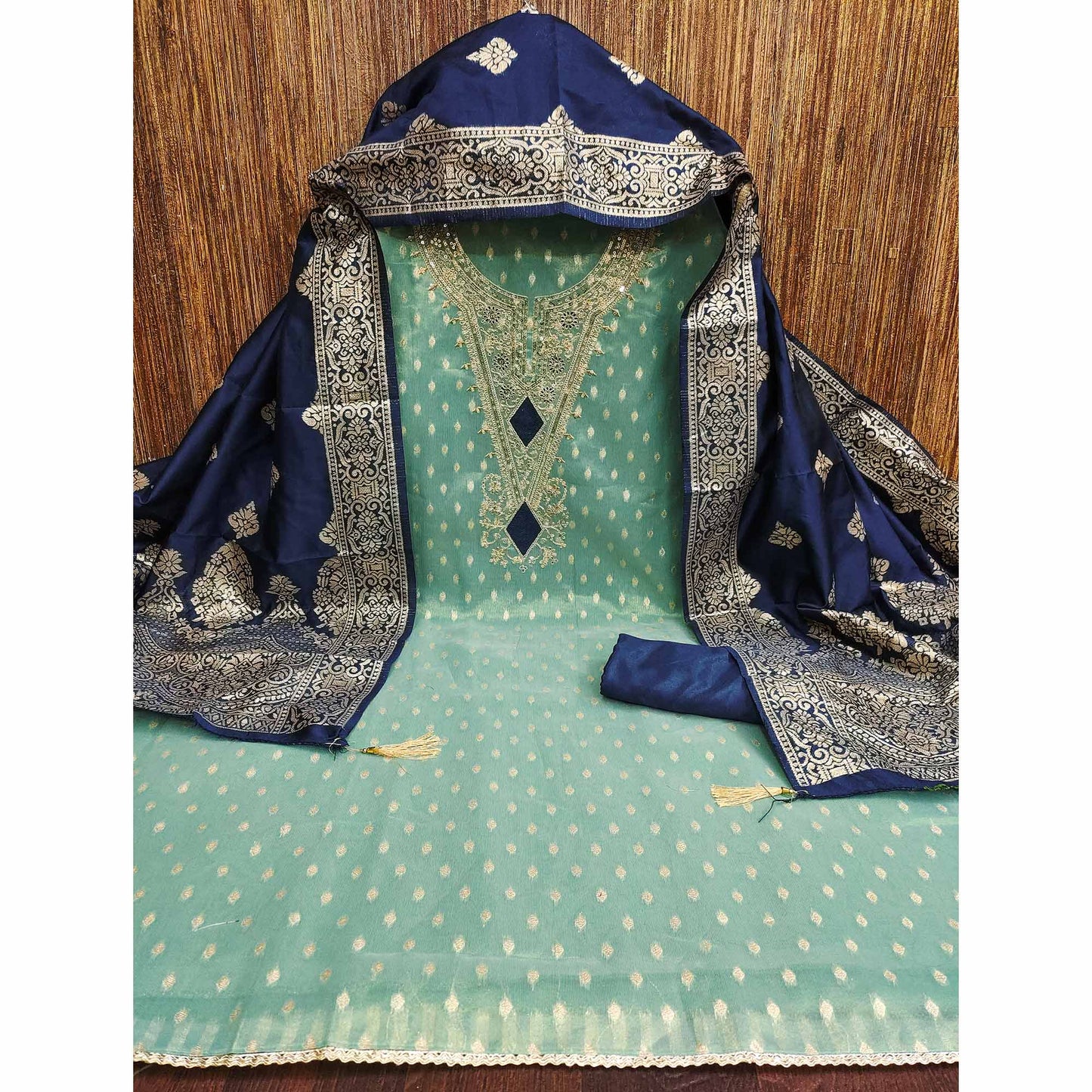 Turquoise Woven Banarasi Silk Dress Material With Intricate Cording & Sequin Embellishments