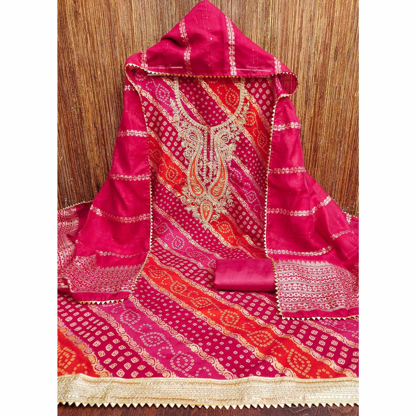 Rani Pink Bandhani Printed With Cording Sequins Emboridery Chanderi Silk Dress Material