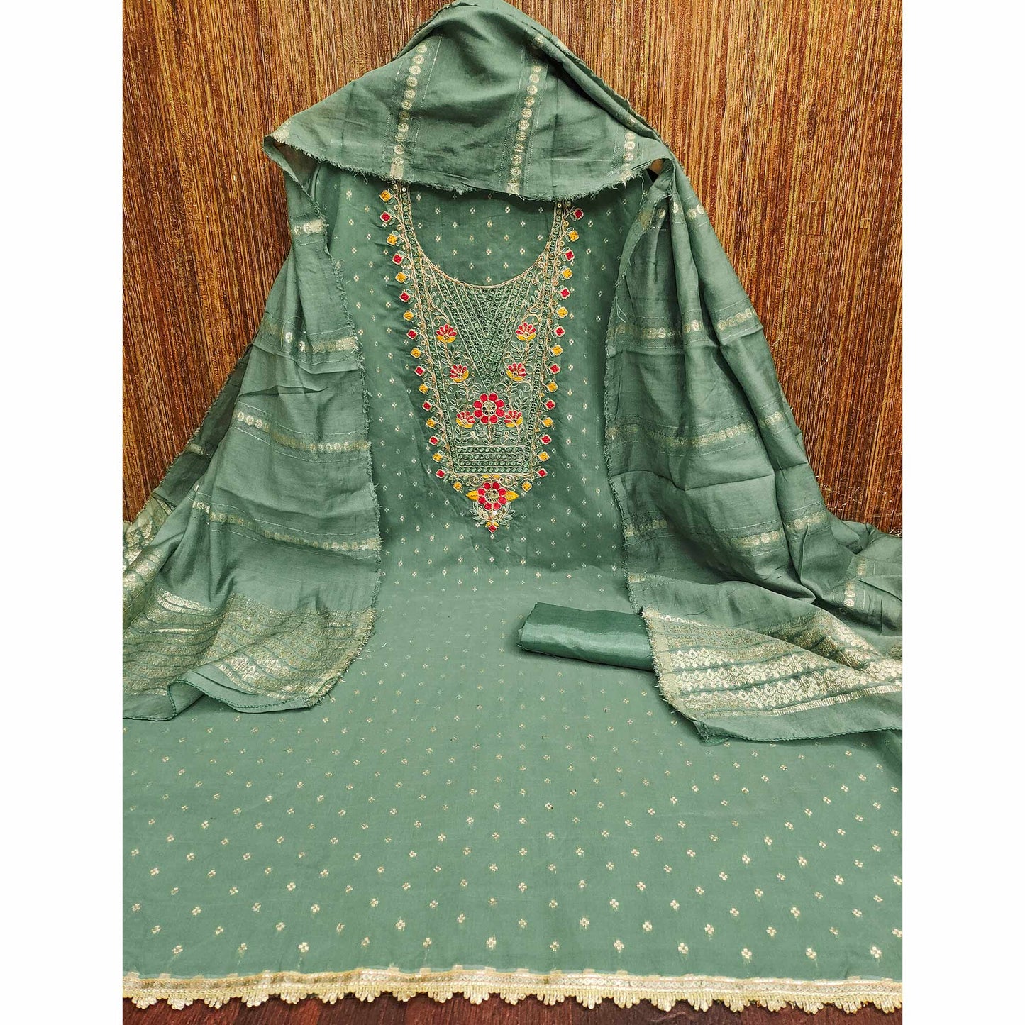 Green Chanderi Silk Dress Material With Delicate Floral Sequins Embroidery & Butti Work