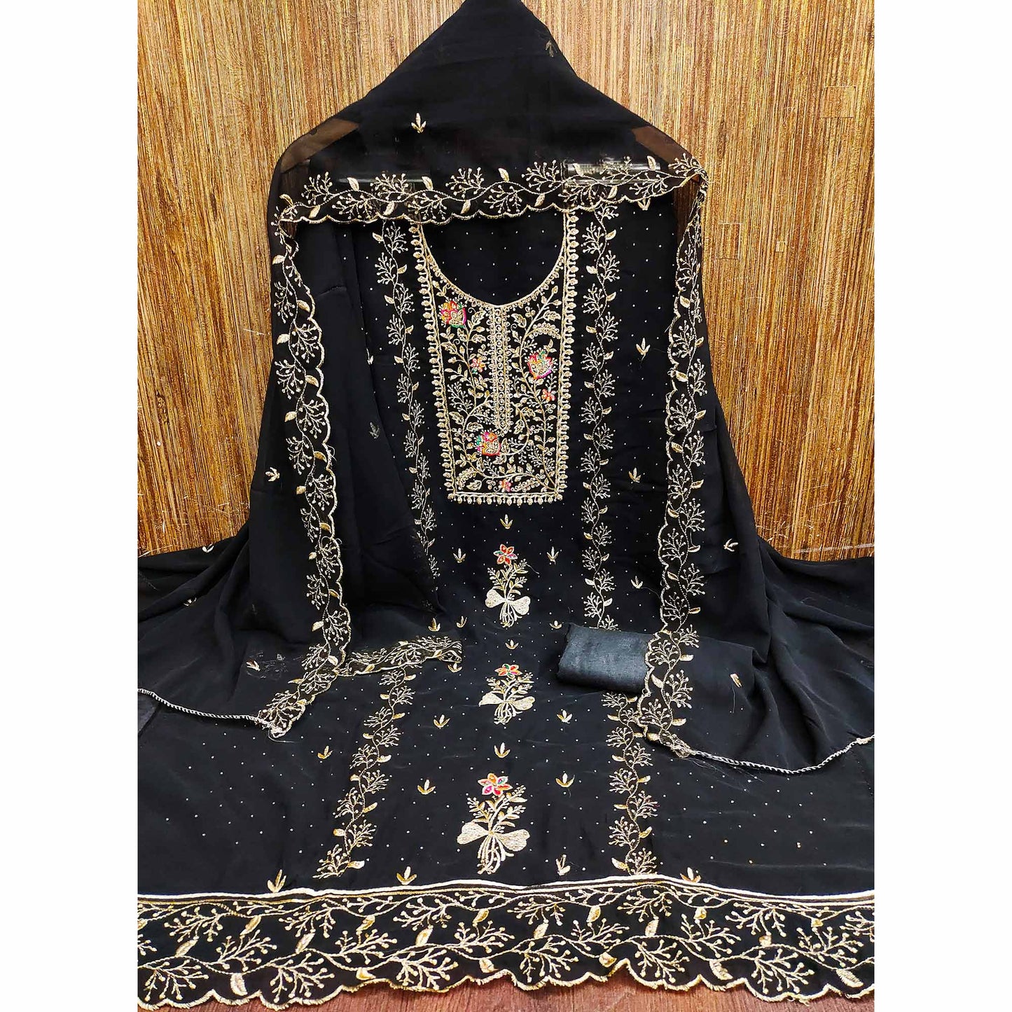 Black Georgette Dress Material With Floral Embroidery & Sparkling Stone Work