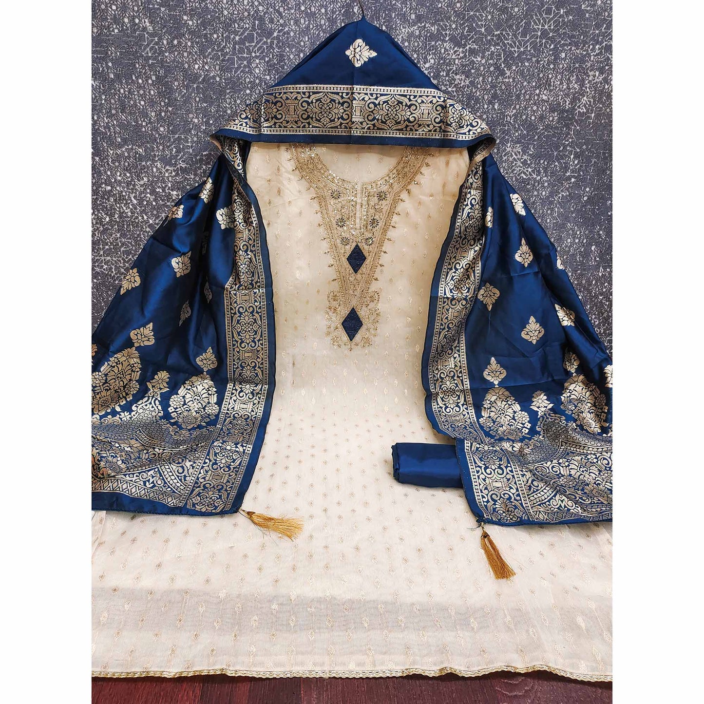 Cream & Blue Floral Butti Weaving With Intricate Cording Embroidered Shimmer Dress Material