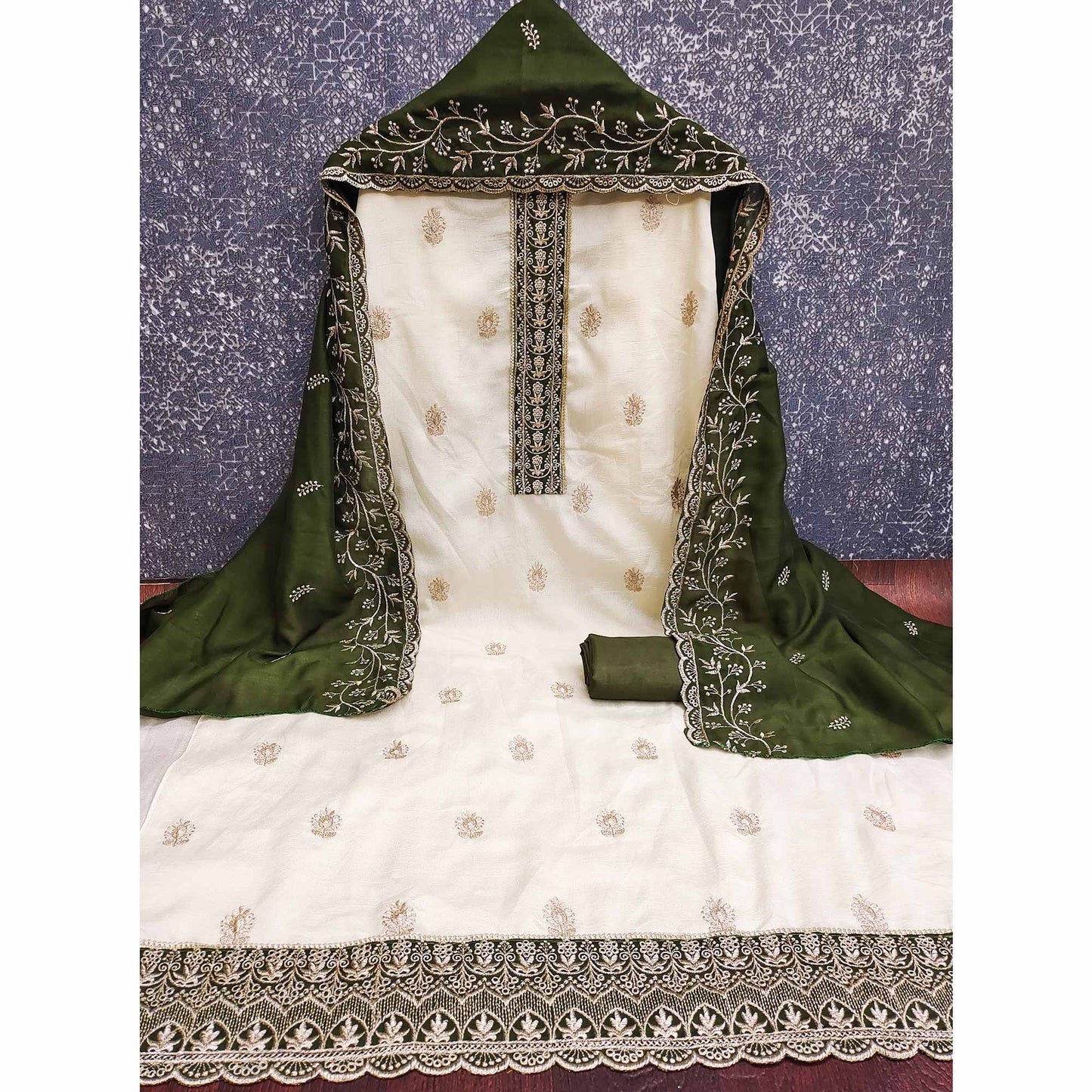 Cream & Mehendi Green Vichitra Silk Dress Material Featuring Intricate Floral Zari Embroidery