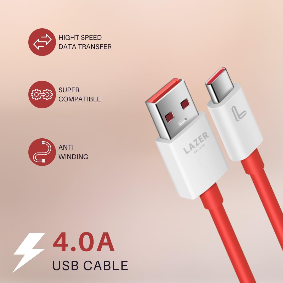 Lazer 45W USB-A to USB-C Cable for Fast Charging & Data Transfer