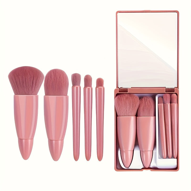 5 pcs Mini Makeup Brush Set with Mirror - Multifunctional Travel Cosmetic Brushes, Fragrance-Free, ABS Handle, Polyester Bristles, Palm Brush Shape, Ideal Gift for Friends and Family, All Skin Types