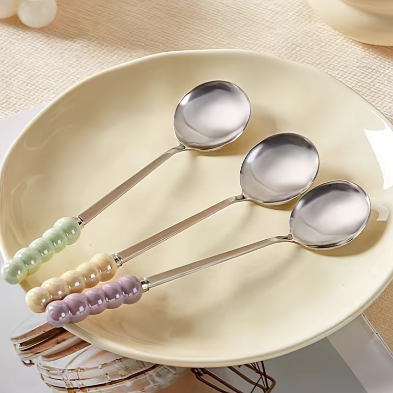 3 Pcs Stainless Steel Spoons with Ceramic Pearl Handles for Home Dining, Dessert Spoons, And Coffee Spoons (Random Colors)