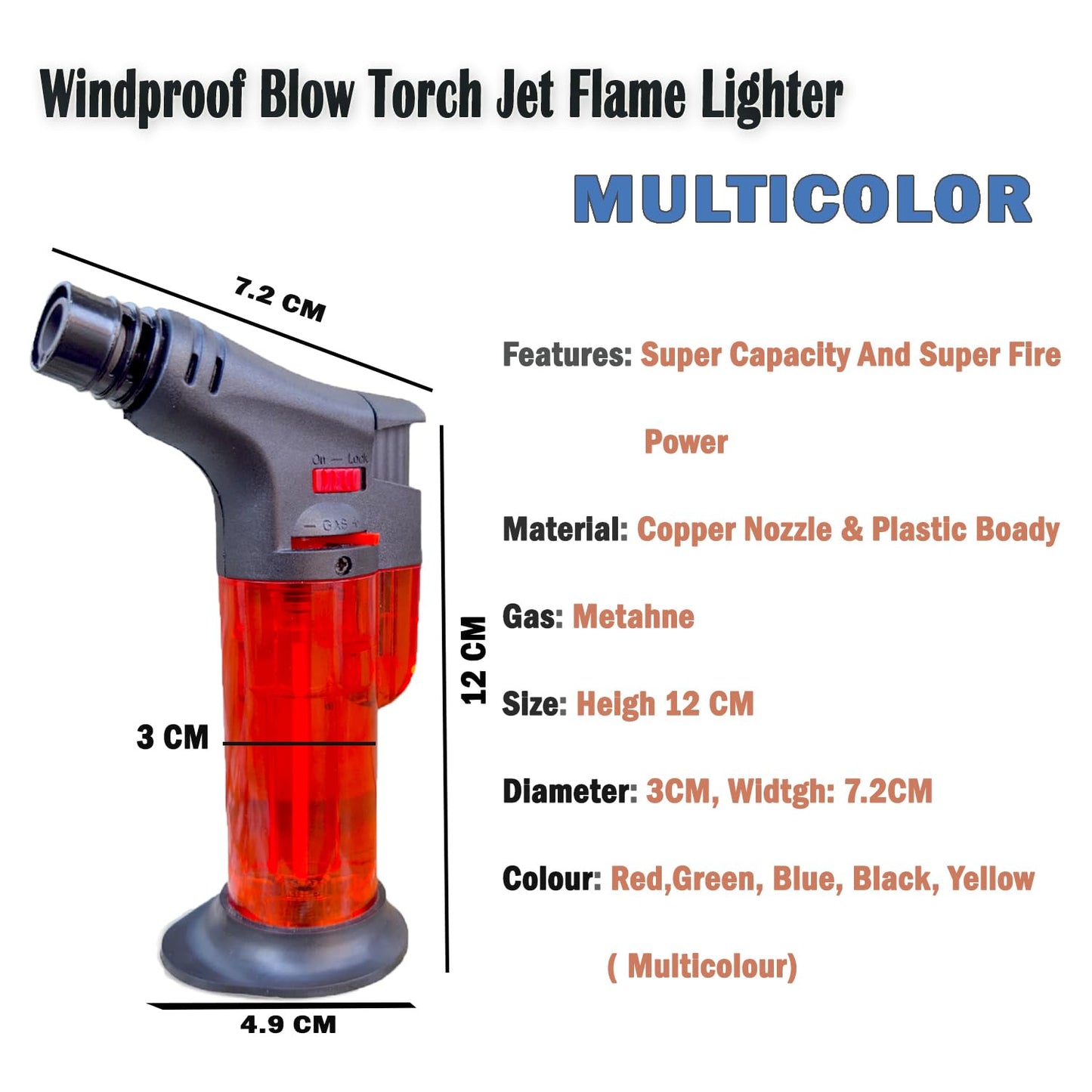 Plastic Windproof Blow Torch Gas Lighter Refillable, Multicolor (1 Lighter)